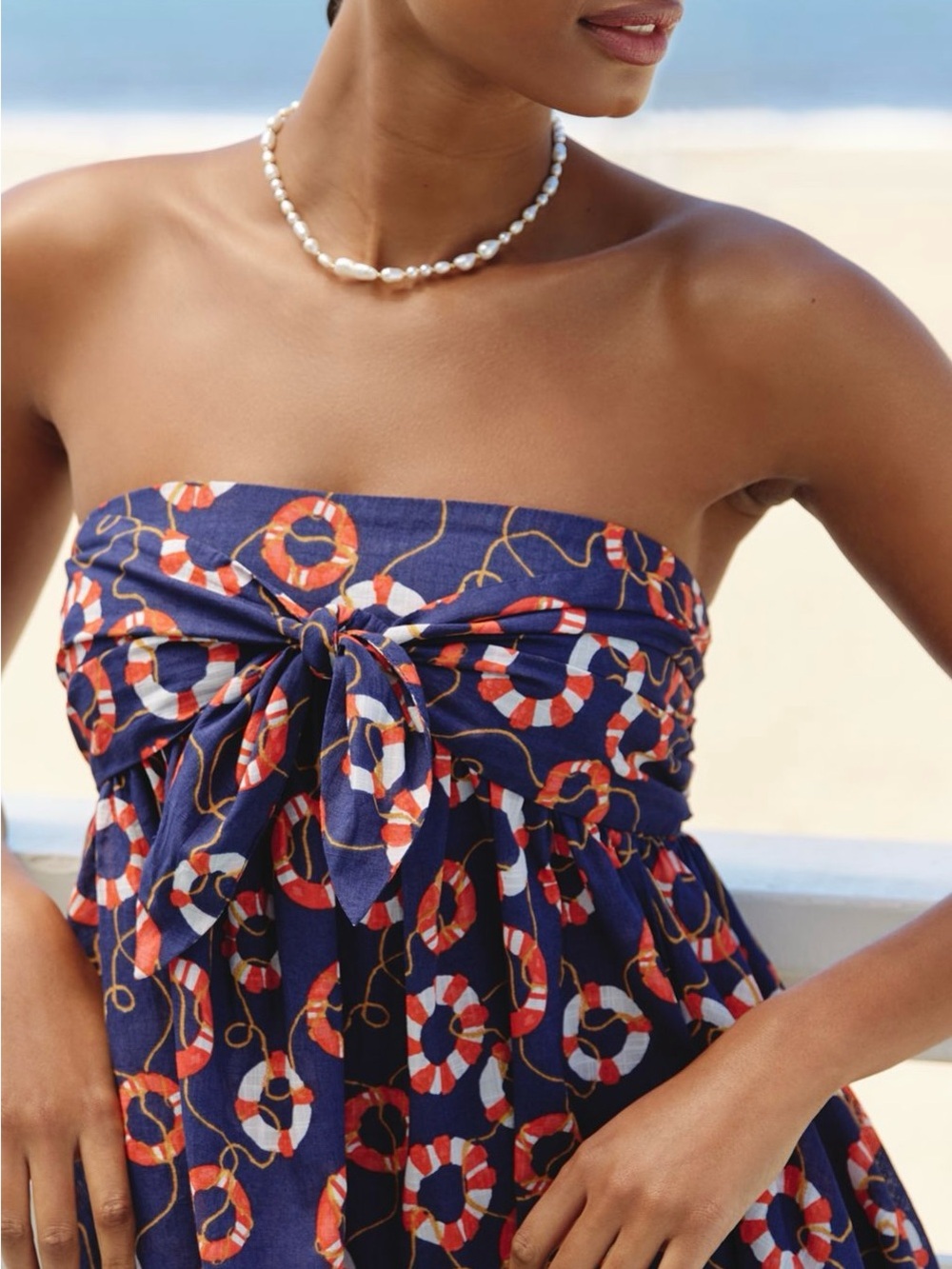 Celandine/Anthropologie Strapless Navy Dress with Orange & White Lifebuoy Print - Picture 3 of 7